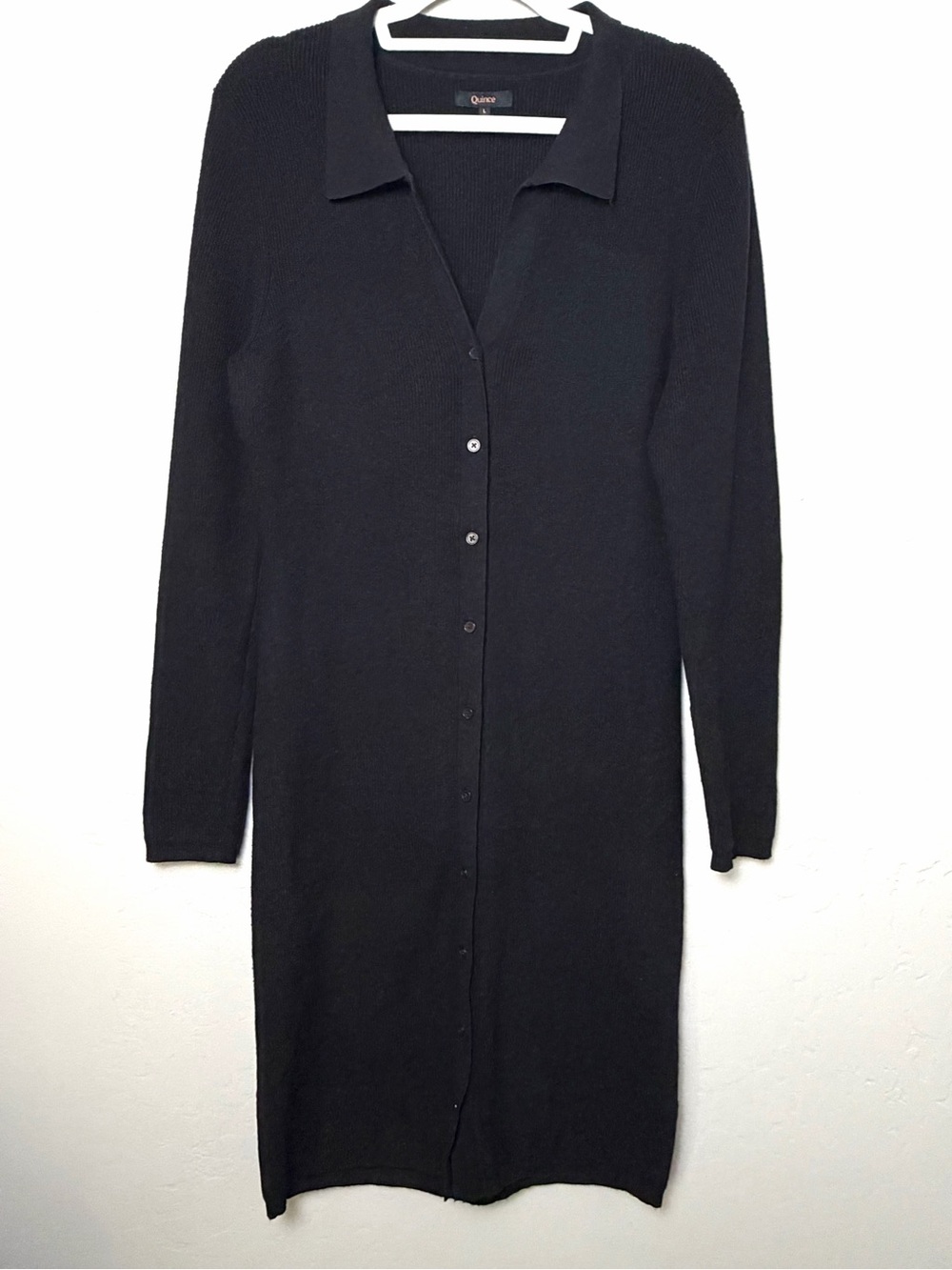 Quince Eco Knit Black Button Up Collared Sweater Dress Large Midi Long Sleeves